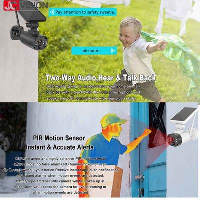 กล้องวงจรปิดรักษาความปลอดภัยพลังงานแสงอาทิตย์ตรวจจับมนุษย์ JCVISION แบตเตอรี่แบบชาร์จได้ ดูระยะไกล