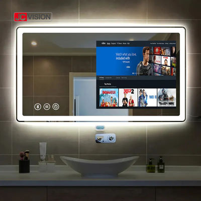JCVISION โฮเทล โฮม ทัชสกรีน ทีวีติดกระจก Android LED สมาร์ทมิเรอร์ ทีวีสำหรับห้องน้ำ IP65