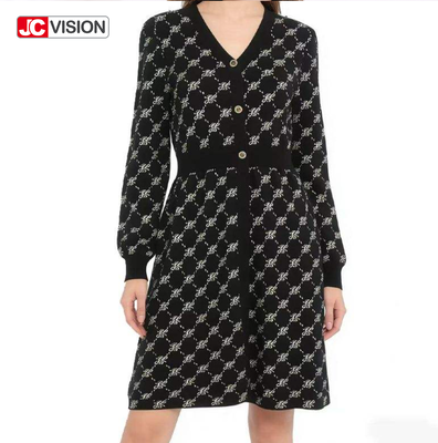 เดรสไหมพรมคอวี JCVISION สไตล์สาวออฟฟิศ สำหรับฤดูใบไม้ร่วงและฤดูหนาว