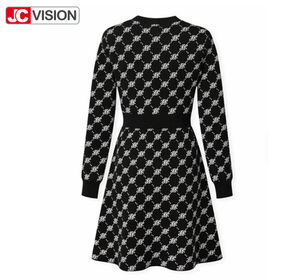 เดรสไหมพรมคอวี JCVISION สไตล์สาวออฟฟิศ สำหรับฤดูใบไม้ร่วงและฤดูหนาว