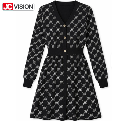 เดรสไหมพรมคอวี JCVISION สไตล์สาวออฟฟิศ สำหรับฤดูใบไม้ร่วงและฤดูหนาว