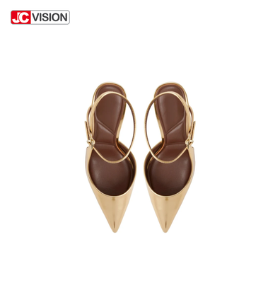 JCVISION ส้นเท้าขนาบ สลิงแบ็ค ปั๊มกระจกโลหะ ผักชีวานหนัง สติเล็ตต์สูง รองเท้าส้นเท้าปาร์ตี้ D'Orsay