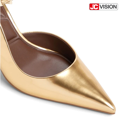 JCVISION ส้นเท้าขนาบ สลิงแบ็ค ปั๊มกระจกโลหะ ผักชีวานหนัง สติเล็ตต์สูง รองเท้าส้นเท้าปาร์ตี้ D'Orsay