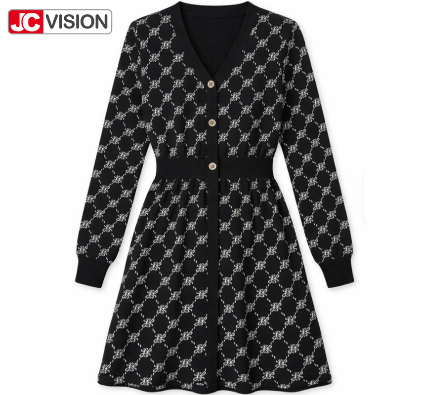เดรสไหมพรมคอวี JCVISION สไตล์สาวออฟฟิศ สำหรับฤดูใบไม้ร่วงและฤดูหนาว