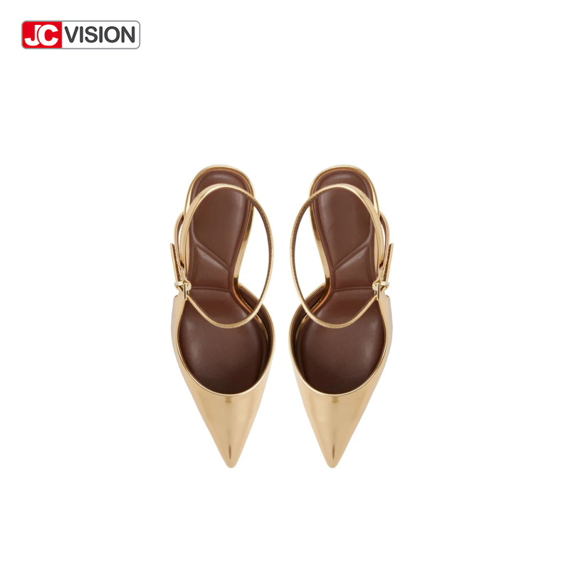 JCVISION ส้นเท้าขนาบ สลิงแบ็ค ปั๊มกระจกโลหะ ผักชีวานหนัง สติเล็ตต์สูง รองเท้าส้นเท้าปาร์ตี้ D'Orsay